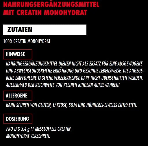 Big Zone Creatin – Verzehrempfehlung: Täglich 3-5 g Creatin-Monohydrat mit ausreichend Wasser einnehmen, vorzugsweise nach dem Training oder morgens. Für optimale Ergebnisse regelmäßig verwenden und auf eine ausreichende Flüssigkeitszufuhr achten.