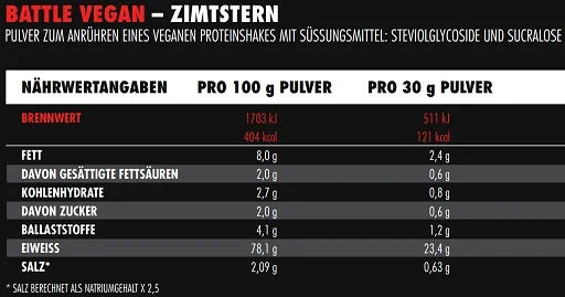Big Zone Battle Vegan – Zutatenliste mit Reis- und Erbsenprotein, laktosefrei und glutenfrei
