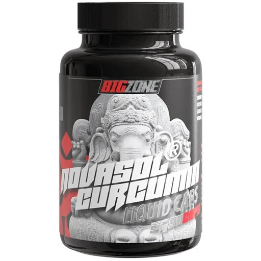 Eine schwarze Dose des Nahrungsergänzungsmittels 'Big Zone NovaSol Curcumin' vor neutralem Hintergrund. Das Produkt enthält flüssiges Curcumin mit hoher Bioverfügbarkeit, ideal zur Unterstützung von Entzündungshemmung, Regeneration und allgemeinem Wohlbefinden