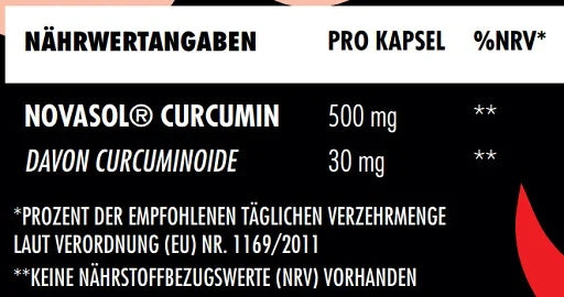 Detailaufnahme der Nährwertangaben auf der Rückseite der Big Zone Curcumin-Dose. Angaben zu Inhaltsstoffen, empfohlener Tagesdosis und Nährwerten des hoch bioverfügbaren Curcumin-Produkts zur Unterstützung von Gesundheit und Regeneration