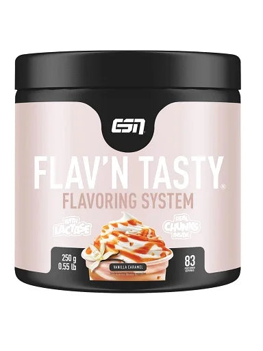 ESN Flavn Tasty ist ein aromatisiertes Pulver, das verwendet wird, um Speisen wie Joghurt, Haferflocken oder Proteinshakes geschmacklich zu verfeinern – und das ohne Zuckerzusatz und mit wenig Kalorien.