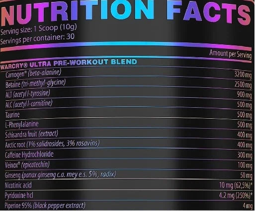 Inhaltsstoffe von Genius Nutrition Warcry Ultra: Beta-Alanin, Betain, Tyrosin, Koffein, Taurin, Phenylalanin, Schisandra-Wurzelextrakt und Arktische Wurzel zur Unterstützung von Energie, Fokus und sportlicher Leistung