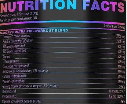 Inhaltsstoffe von Genius Nutrition Warcry Ultra: Beta-Alanin, Betain, Tyrosin, Koffein, Taurin, Phenylalanin, Schisandra-Wurzelextrakt und Arktische Wurzel zur Unterstützung von Energie, Fokus und sportlicher Leistung