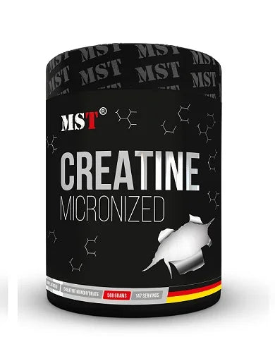 MST Creain Monohydrate Produktbild von Creatin-Pulver in einer schwarzen Dose – hochwertiges Nahrungsergänzungsmittel zur Steigerung der Muskelkraft und Leistung, ideal für Sportler und Fitnessbegeisterte.






